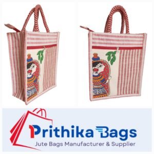 PB57 - Durga Printed Jute Lunch Bag (Red)
