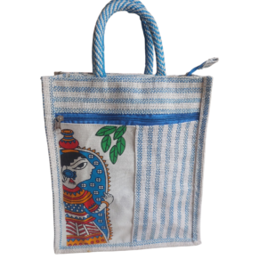 PB56- Durga Printed Jute Lunch Bag (Blue)