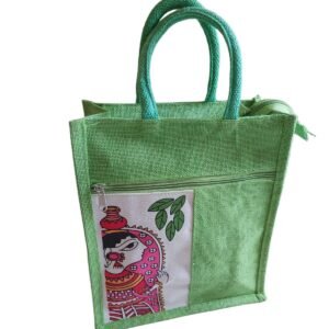 PB44 - Durga Printed Jute Lunch Bag (Green)